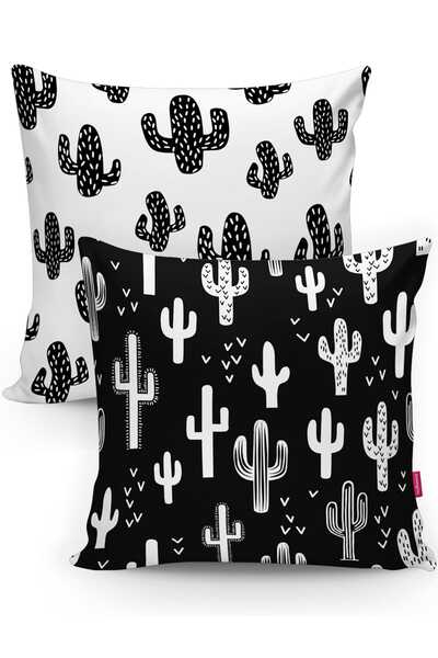 Realhomes Set de 2 huse de pernă decorative cu model cactus alb-negru