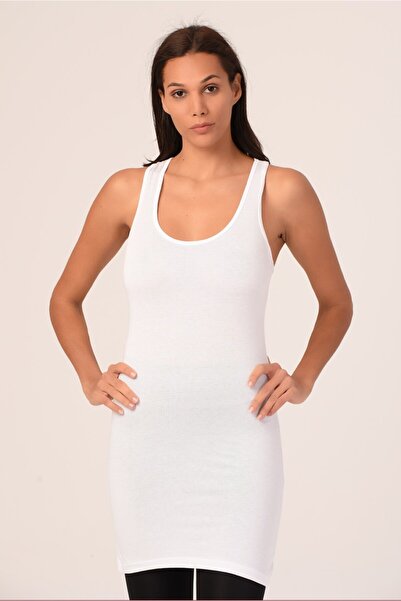 DISENTIS MODEST Kadın Beyaz Kalın Askılı Rambo Viskon Uzun Body