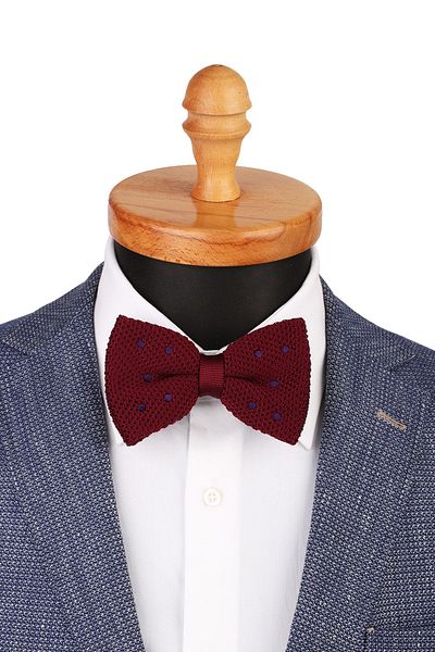 Kravatkolik Men's Burgundy Polka Dot Pattern Knitted Bow Tie Ör129