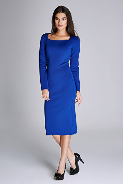 Laranor Kadın Saks Astarlı Kare Yaka Scuba Krep Kalem Elbise 14L4056