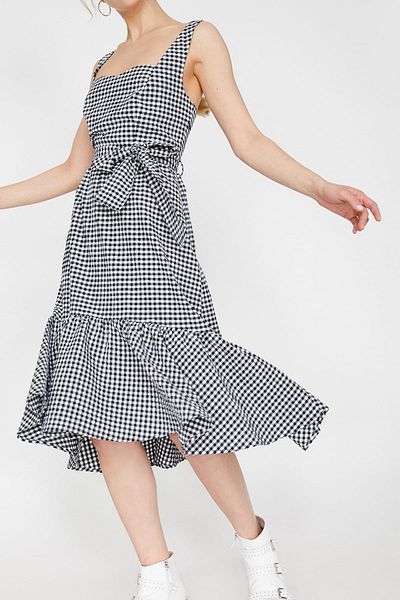 Koton Women's Black Strap Belt Detailed Ruffle Detailed Midi Dress 9YAK83232EW