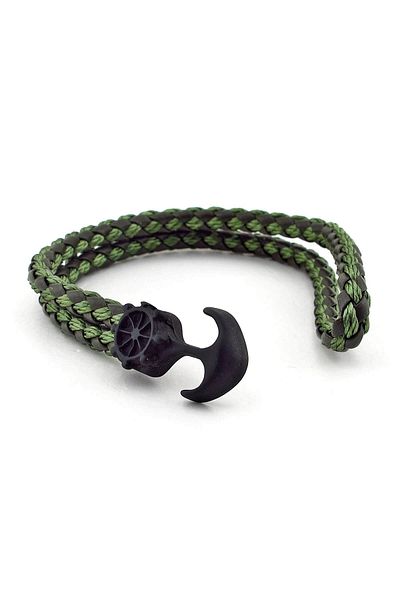 Solfera Men's Black Anchor Green Braided Leather Bracelet Bt260