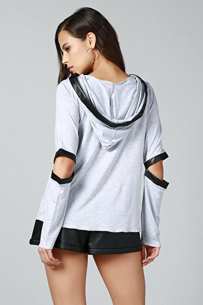 Quincey Γυναικεία δερμάτινη μπλούζα με γκρι κουκούλα BD2273