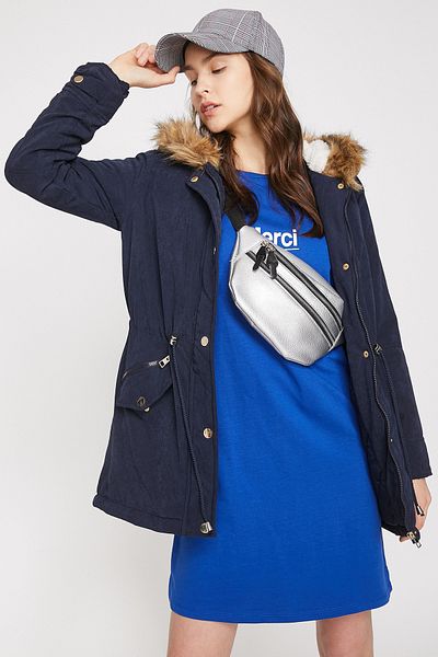 Koton Damen-Mantel mit Kapuze aus Kunstpelz, blau, Taschendetail, 9KAL07379JW