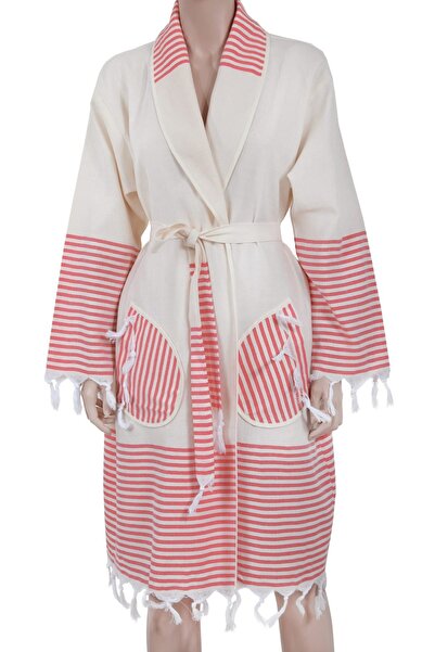 Bedinn Пештемал халат кімоно з коміром Бургата кремовий червоний