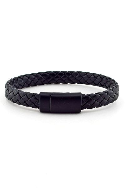 Solfera Men's Black Metal Magnetized Braided Leather Bracelet Bt339