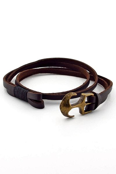 Solfera Men's Two Sira Wrapped Bronze Anchor Real Brown Leather Bracelet Bt371