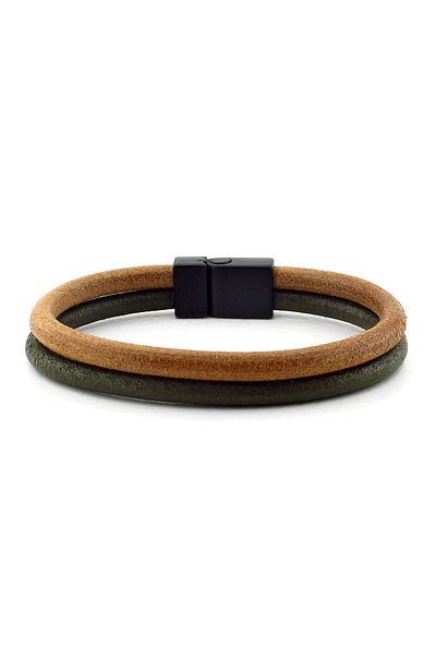 Solfera Men's Khaki Green Tan Black Magnetic Clip Leather Bracelet BT337