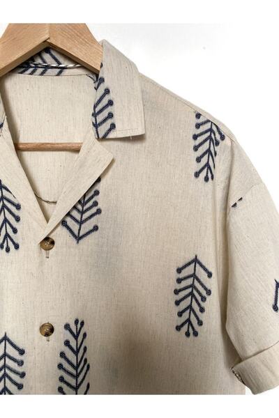 MİRMARONİ Ανδρικό λινό καλοκαιρινό κοντομάνικο πουκάμισο Oversize