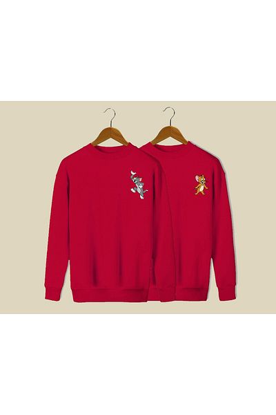 Vordevia Unisex Red Cheerful Tom and Jerry Printed Crew Neck Sweatshirt
