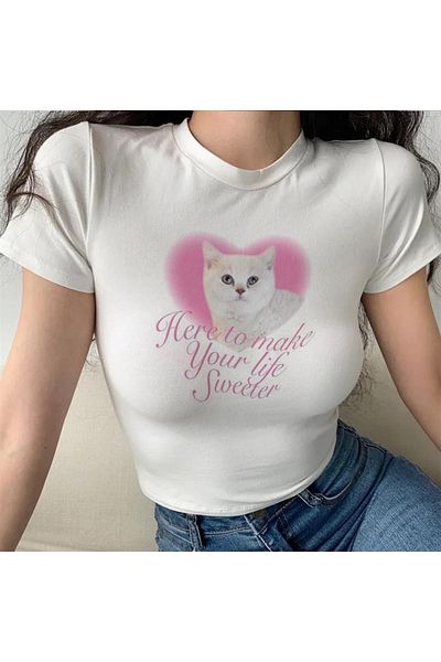 Touz Κομψό Body Shaper - Cat & Heart Printed White Crop