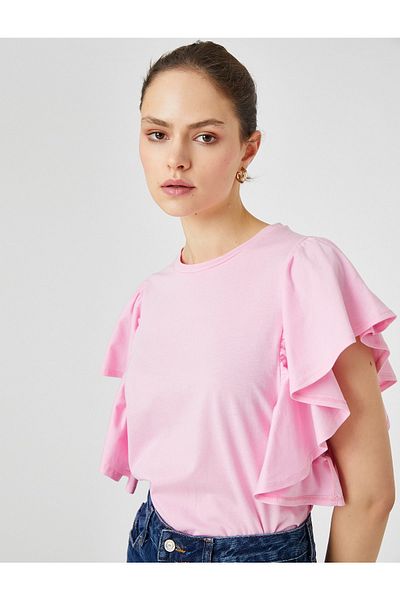 Koton Flounced Sleeves T-Shirt Crew Neck Cotton
