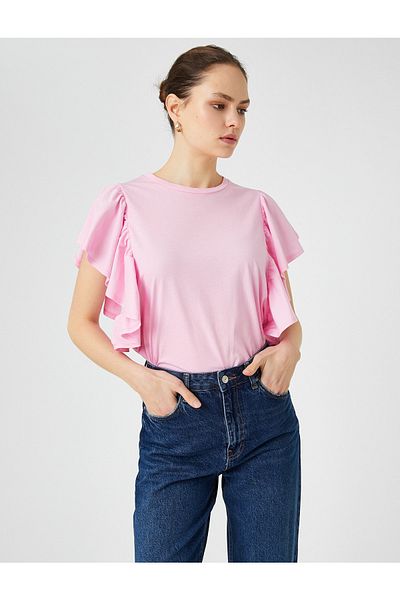 Koton Flounced Sleeves T-Shirt Crew Neck Cotton