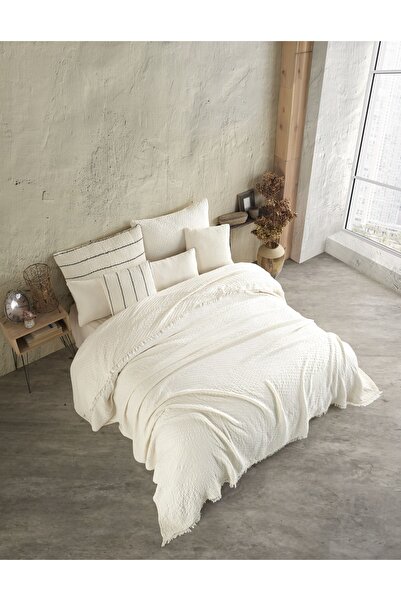 destinyhometex Bej Jakarlı Naturel 4 Katlı Muslin %100 Pamuk Tek Kişillik Yatak Örtüsü/Pike 160x240cm