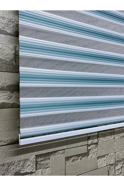 PERDECİNİZ Turquoise and White Narrow Pleat Zebra Patterned Roller Blinds - Skirt Plain