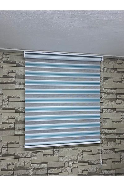 PERDECİNİZ Turquoise and White Narrow Pleat Zebra Patterned Roller Blinds - Skirt Plain