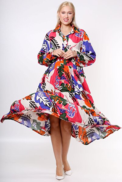 Chiccy Purple Shirt Collar Balloon Sleeve Patterned Buttoned Allover Printed Woven Dress