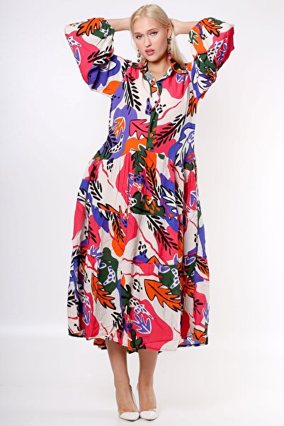 Chiccy Purple Shirt Collar Balloon Sleeve Patterned Buttoned Allover Printed Woven Dress