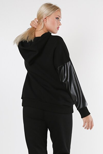 Chiccy Black Hooded Long Sleeve Leather Garnished Knitted Sweatshirt
