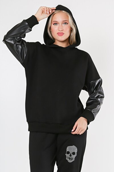 Chiccy Black Hooded Long Sleeve Leather Garnished Knitted Sweatshirt