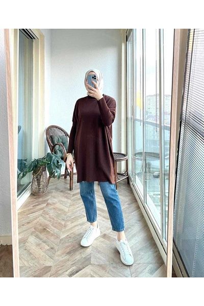 MODAMÜNASİP Women's Blue Half Turtleneck Knitwear Poncho Sweater Tunic