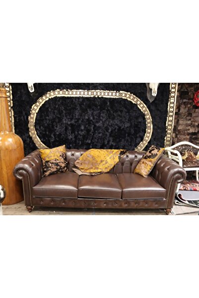 Dericibey Sarı & Siyah Hamlaklı Doğal Dana Derisi Koltuk Şal Takımı