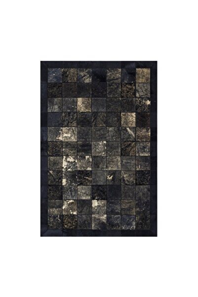 Dericibey Siyah Renk Altın Varaklı Dana Derisi Patchwork Halı