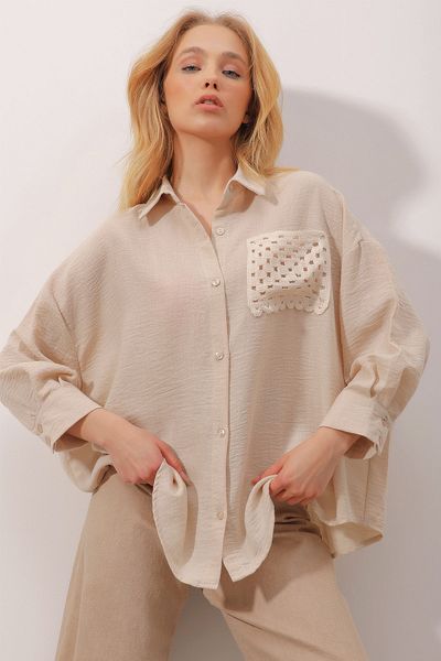 Trend Alaçatı Stili Women's Beige Crocheted Textured Linen Shirt with Pockets ALC-X9835
