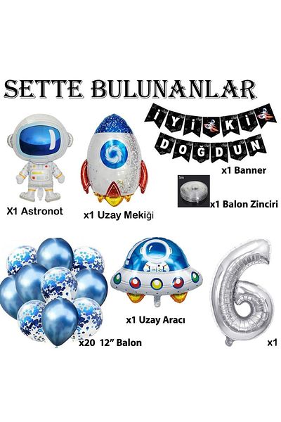 Patladı Gitti Space Concept 6 Year Old Birthday Party Celebration Set; Astronaut, UFO and Spaceship Foil Balloon Set
