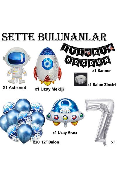Patladı Gitti Space Concept 7 Year Old Birthday Party Celebration Set; Astronaut, UFO and Spaceship Foil Balloon Set