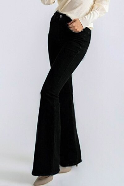 MissKybele Likralı Yıkamalı Ispanyol Paça Toparlayıcı Fit Kalıp Yüksek Bel Fermuarlı Jean Kot Pantolon