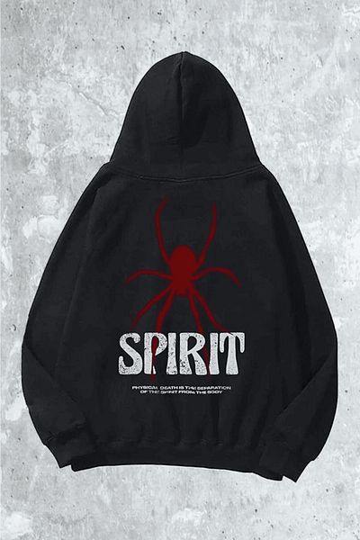 Calvin Jones Oversize Black Unisex Spirit Printed Cotton Sweatshirt Hoodie