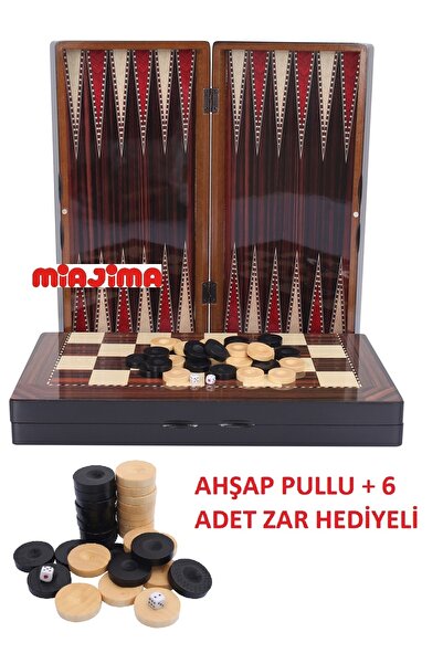 Miajima Italyan Cila Vernikli Ceviz Polyester Kaplama Tavla Dama Seti Ahşap Pullu Büyük Boy