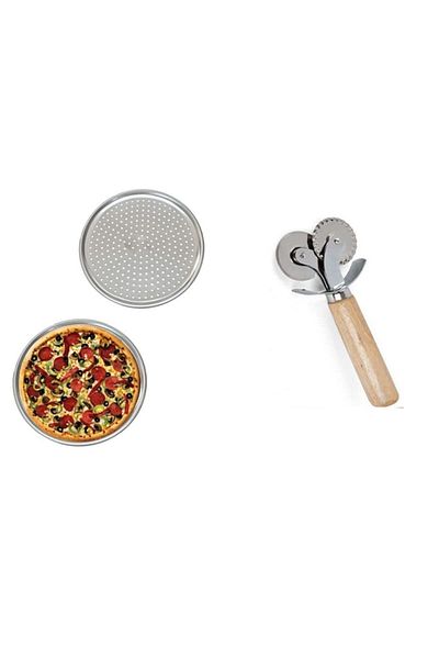 morponi Stainless Steel 2 Pieces Pizza Tray 28 Cm & Pizza Roller