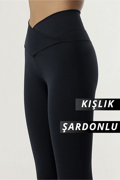 VOSSAX Women's Ribbed High Waist Gathering Black Cross Waist Leggings with Fleece Inside