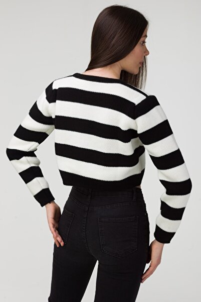 MODAGEN Schwarz-weiß gestreifter Strick-Cardigan für Damen mit goldenen Knöpfen