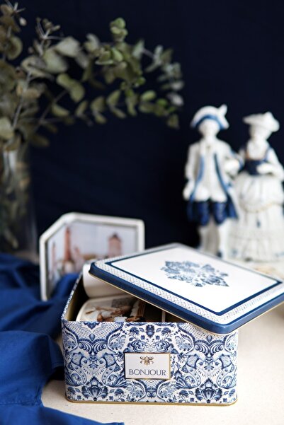 EVLE Er028-4h Azulejos Bonjour Desenli Kare Metal Saklama Kabı 20x20 Cm