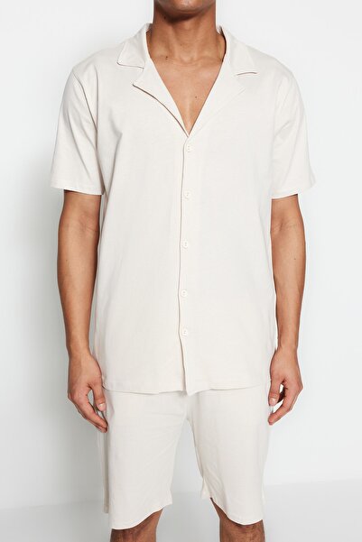 Trendyol Collection Dark Stone Unisex Regular Fit Šortky Apache Collar Shorts Pyžamo Set TMNSS23PT00007