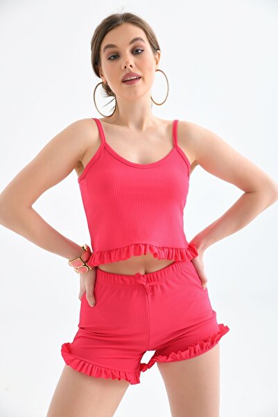 VOLT CLOTHİNG Women's Fuchsia Strappy Frilly Pajama Set