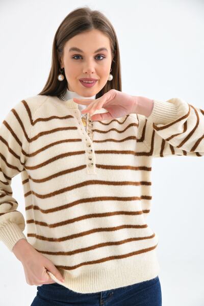 VOLT CLOTHİNG Pulover de damă, cu guler cu nasturi, tricotaj în dungi