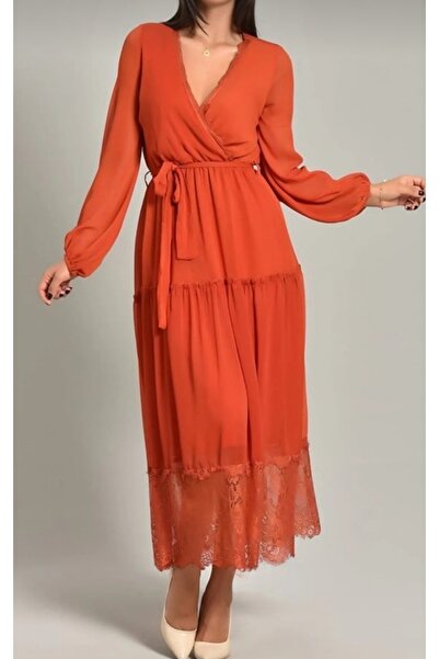 azrayaz فستان طويل من قماش الشيفون مبطن بياقة مزدوجة الصدر وأربطة وخصر مطاطي