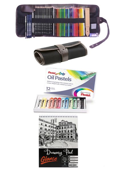 GLANCE Cretacolor Graduated Pencil Studioline with A5 Sketchbook Derwent Color Thin Pentel 12-Piece Roll Bag