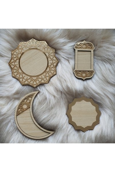 Papyon Designs Eid Holiday Wooden Plate and Coaster Decoration (4 PIECES)
