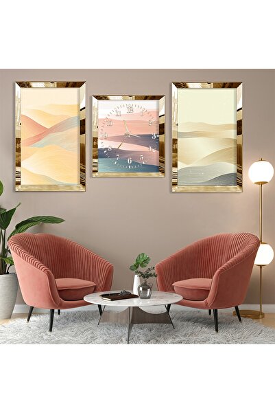 Zevahir Mobilya Dekorasyon Gold Aynalı Pleksi Çerçeveli Soyut Desen Kum Gold Üçlü Mdf Tablo Seti Ve Saat Seti