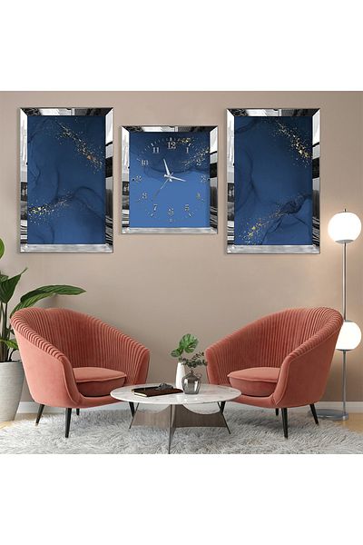 Zevahir Mobilya Dekorasyon Model abstract albastru Set de pictură MDF triplu cu margine din plexiglas argintiu și set de ceasuri