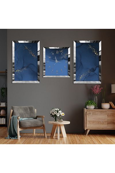 Zevahir Mobilya Dekorasyon Model abstract albastru Set de pictură MDF triplu cu margine din plexiglas argintiu și set de ceasuri