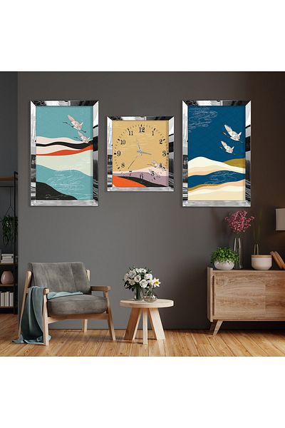 Zevahir Mobilya Dekorasyon Set de pictură și ceas din MDF cu margine din plexiglas argintiu cu model abstract de pasăre stăpână