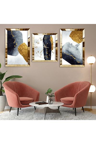 Zevahir Mobilya Dekorasyon Abstract Pattern Gold Plexi Edge Triple Mdf Table Set and Clock Set