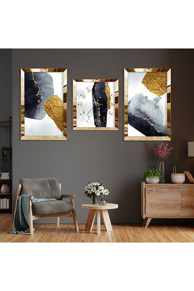 Zevahir Mobilya Dekorasyon Abstract Pattern Gold Plexi Edge Triple Mdf Table Set and Clock Set