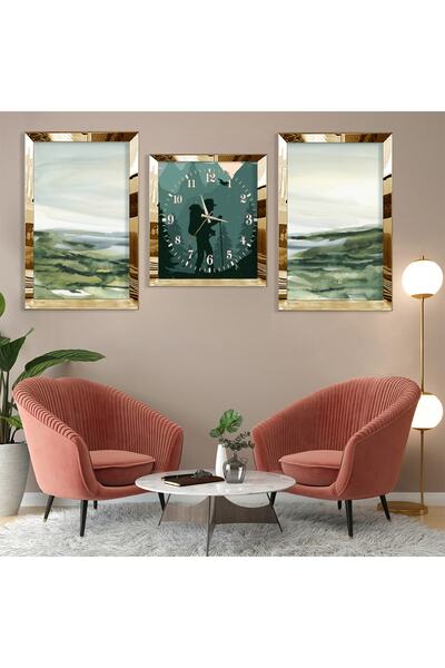Zevahir Mobilya Dekorasyon Afiş Gold Pleksi Kenar 3'lü Mdf Tablo Ve Saat Kombin